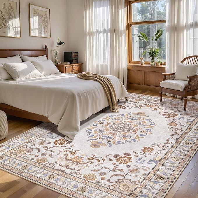 Tangsoo 2x6 Washable Runner Rug Non Slip, Vintage Persian Boho Neutral Hallway Rug for Entry Kitchen, Soft Low Pile Beige Floor Carpet Runner for for Laundry, Bedroom, Living Room Home Decor