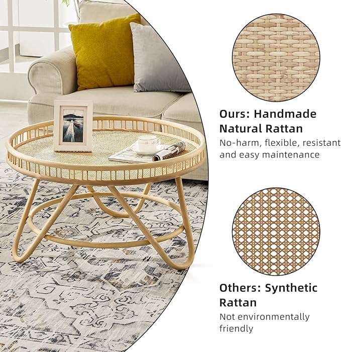 FINECASA Round Rattan Coffee Table, 32'' Wicker Boho Hand-Woven Top, Modern Unique Farmhouse Tray Top Center Table for Living Room Apartment Small Space, Natural Rattan