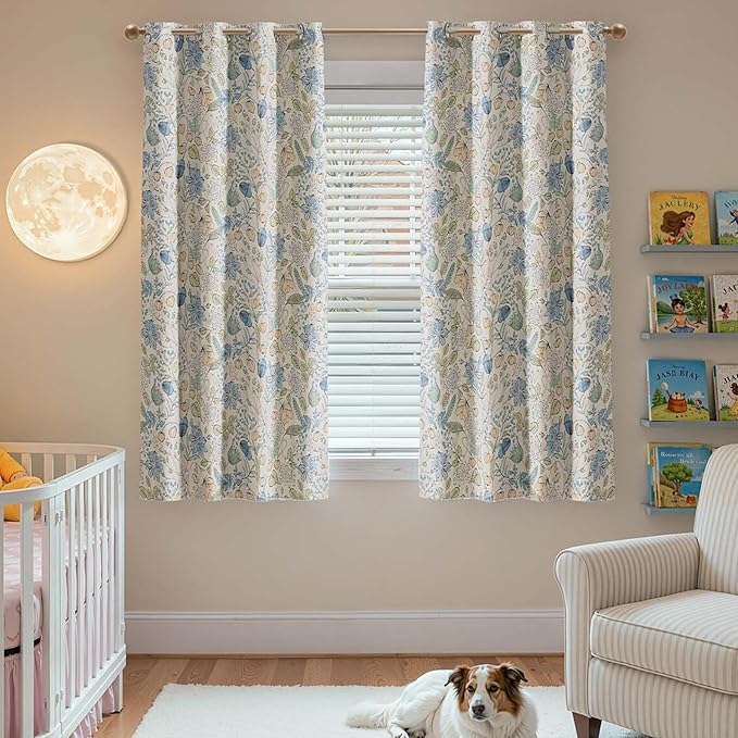 jinchan Nursery Curtains 95% Blackout Blue Floral Curtains for Kids Room, 63 Inch Length Farmhouse Drapes for Bedroom Living Room Darkening Window Treatment Grommet Top Set of 2 Panels