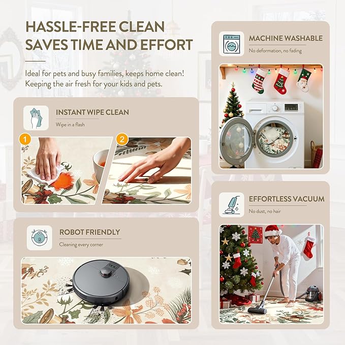 Lahome Floral Christmas Rug, 2x3 Kitchen Christmas Rugs for Entryway Ultra-Thin Washable Christmas Rugs Indoor,Soft Door Mat Indoor Entrance Holiday Carpet for Entry Bedroom, Beige/Multi