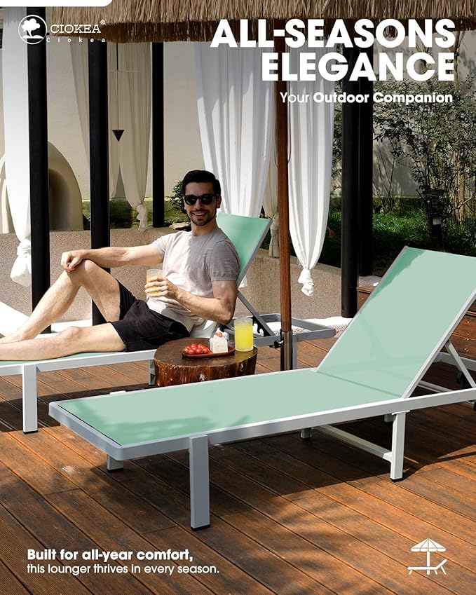 Pool Chaise Lounge Chair Set of 4, Outdoor Lounge Chairs with Wheels, 5-Position Adjustable Sun Loungers for Outside, Deck, Beach, Light Green