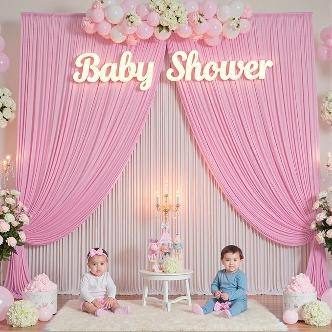 10×14 ft Pink Wrinkle Free Backdrop Curtain, Soft Silky Polyester Wedding Drapes 2 Panels 14ft Height Baby Pink Photo Backdrop Curtains for Parties Birthday Baby Shower Photography Background Cloth