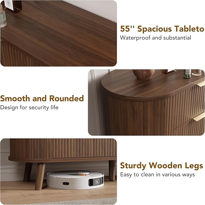 Fluted 6 Drawers Dresser, 55'' Wide Mid Century Modern Chest of Drawers with Sliding Door & Metal Handles, Curved Profile & Sturdy Legs, Wood TV Stand for Bedroom, Living Room (Walnut)