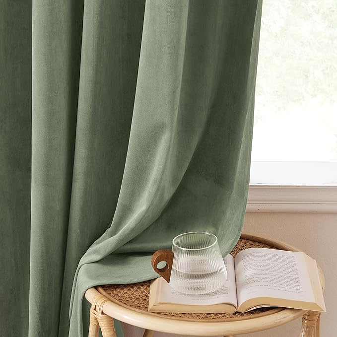 StangH Pinch Pleated Sage Green Velvet Curtains 90 inches Long, Super Soft Room Darkening Decorative Drapes Back Tab Energy Saving Panels for Nursery Dining Room, W38 x L90, 2 Panels