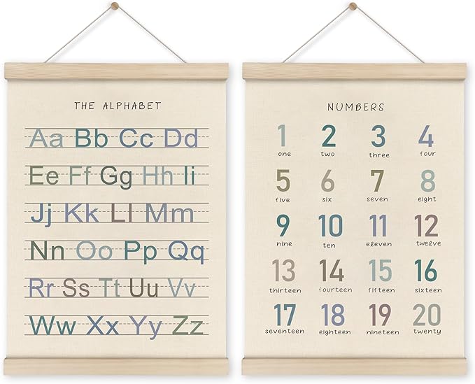 HRQKO Alphabet Numbers Poster Hanger Frame Set of 2, Nursery Wall Decor, Boho ABC Poster Wall Art with Wooden Frames, Alphabet Banner Wall Hanging Decor for Boy Toddler Room Playroom, 12x16 Inch