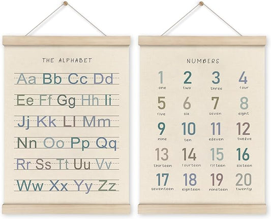 HRQKO Alphabet Numbers Poster Hanger Frame Set of 2, Nursery Wall Decor, Boho ABC Poster Wall Art with Wooden Frames, Alphabet Banner Wall Hanging Decor for Boy Toddler Room Playroom, 12x16 Inch
