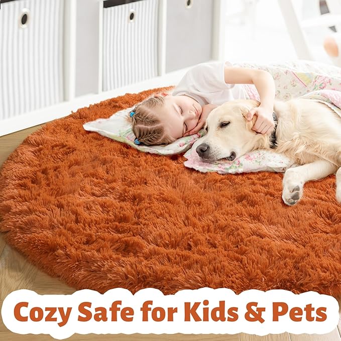 Amdrebio Burnt Orange Round Circle Rug 5Ft for Bedroom Living Room, Fluffy Fuzzy Shaggy Furry Area Rugs for Kids Room Decor Aesthetic, Cute Plush Shag Dark Orange Carpet for Nursery Dorm Classroom