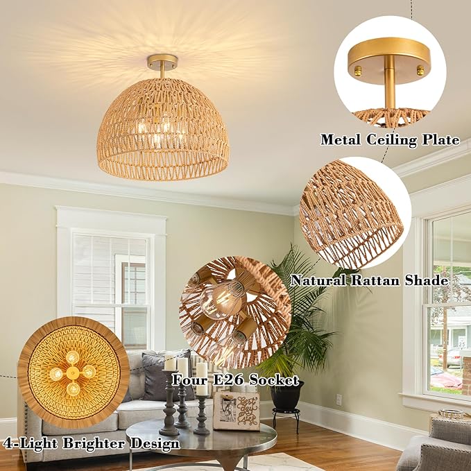 Rattan Ceiling Light Fixture, 4-Light Boho Semi Flush Mount Ceiling Light, 20" Wicker Light Fixture with Handmade Woven Cage Lampshade, Rattan Chandelier for Bedroom Hallway Nursery Kitchen Farmhouse