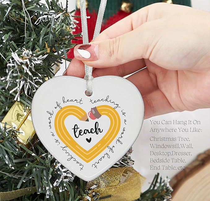 Heart Shaped Christmas Ornament-Teaching is A Work of Heart-Rainbow Teacher Appreciation Gift for Educator Mentor Instructor Thank You Teachers Week Ceramic Keepsake Decor