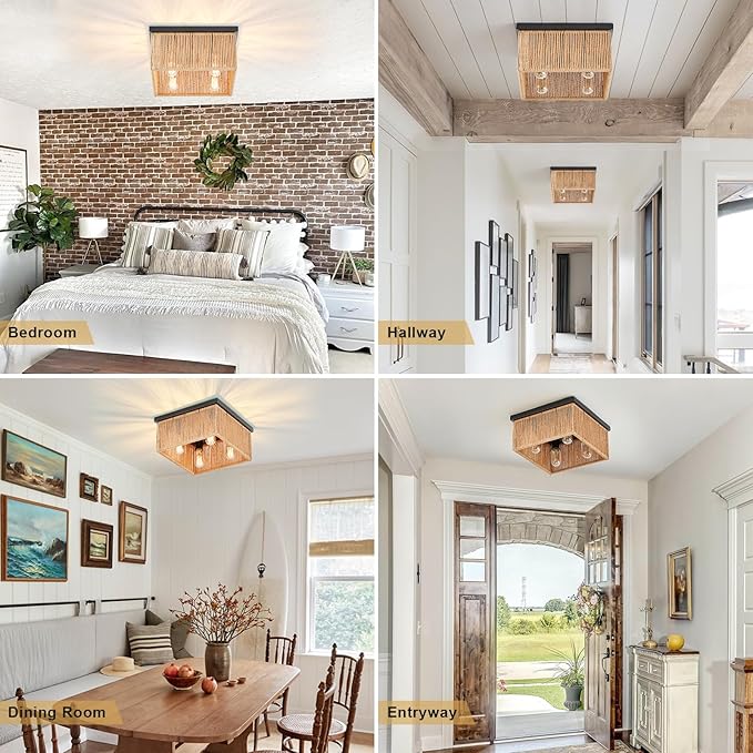 Square 4-Light Rattan Ceiling Light Fixture,12.6"x 12.6" Hand Woven Boho Flush Mount Ceiling Light, Farmhouse Coastal Cage Close to Ceiling Light for Bedroom Nursery Hallway Kitchen Dining Room