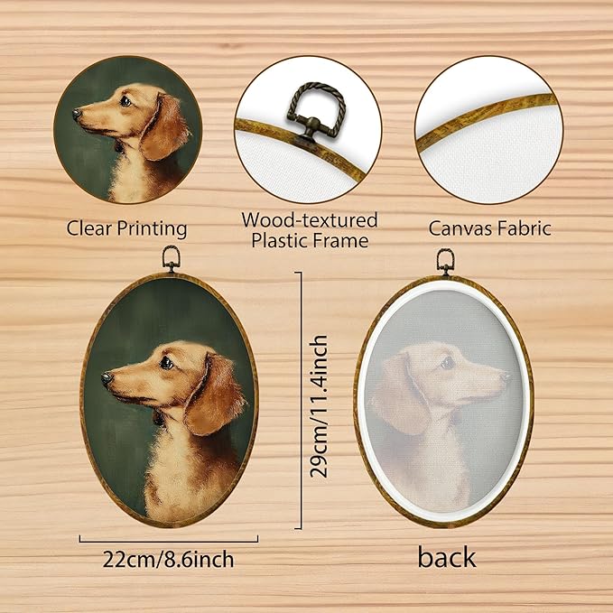 Hiuwevt Vintage Dachshund Oval Wall Art Decor, Dachshund Doxie Gifts for Women Framed Canvas Prints, Wiener Dog Gifts Oval Wall Hanging Decor for Bedroom Living Room Decorations, 8.6x11.4 Inches