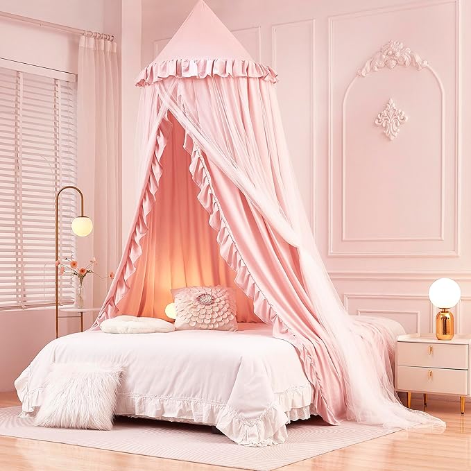 Mengersi Bed Canopy for Girls,Princess Round Dome Canopy Bed Curtains-Dreamy Mosquito Net Castle Play Tent Castle for Girls Room Decor (Beige Pink/Double)