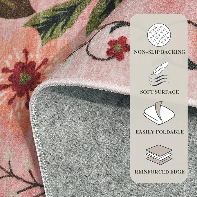 5x7 Washable Area Rug for Living Room, Floral Non-Slip Non-Shedding & Easy Care, Soft Low Pile Boho Indoor Floor Carpet for Living Room, Bedroom, Farmhouse, Dining Room, Kids Playroom, Pink