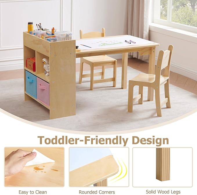 Kids Art Table and 2 Chairs Set, Pine Plywood Toddler Activity Craft Desk with Storage Bins for Drawing, Writing, Reading, Ideal for Nursery, Playrooms & Classroom