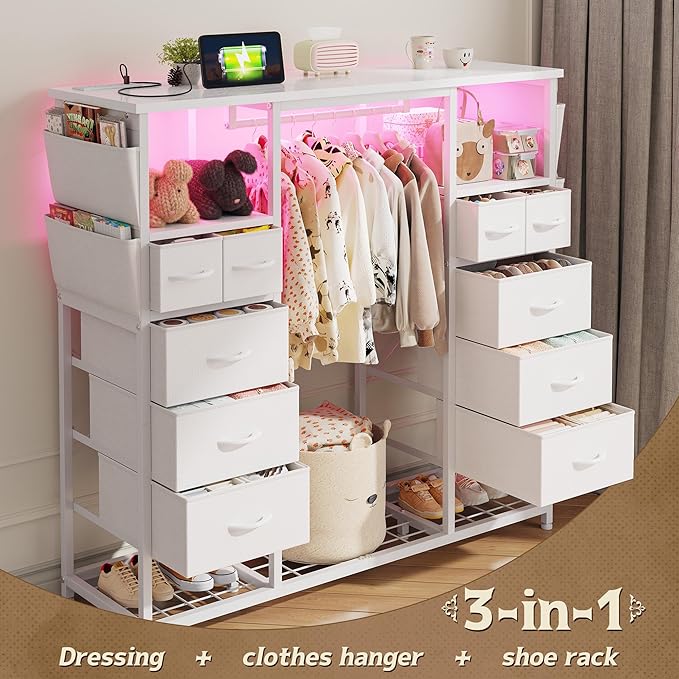 51.2" H White Dresser with Hanging Rack, 10 Drawers Dresser for Bedroom, Fabric Chest of Drawers with LED Lights & Charging Station, Wooden Top & Sturdy Frame, White