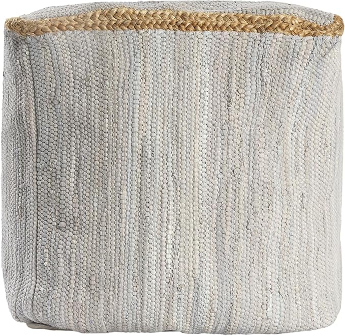 LR Home Gray Bordered Transitional Hand-Loomed All-Natural Cotton Pouf with Jute Braid | Farmhouse Cube Foot Rest for Bedroom & Living Room Decor | 18 x 18 x 18 Stuffed Ottoman for Seating