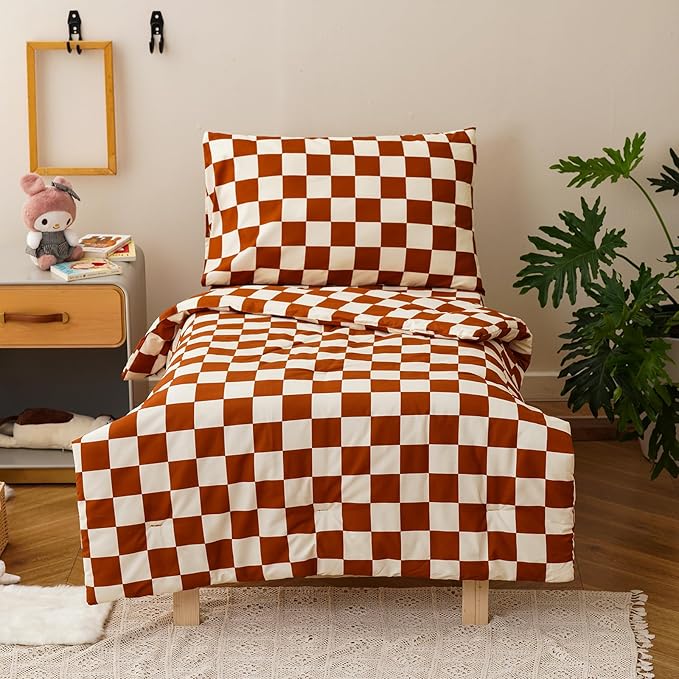 KAREVER Grid Toddler Bedding Set Pumpkin White Checkered 4 Pieces Crib Bed Set Kids Pliad Comforter Set
