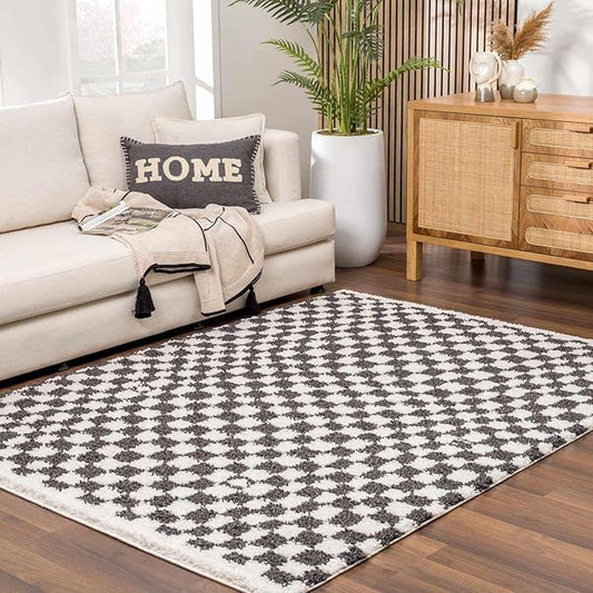 Hauteloom Kieu Contemporary Checkered Fluffy Shag Area Rug - Modern Geometric Soft Carpet Tiles for Living Room, Kids Room, Nursery - Black, White - 18" Sample