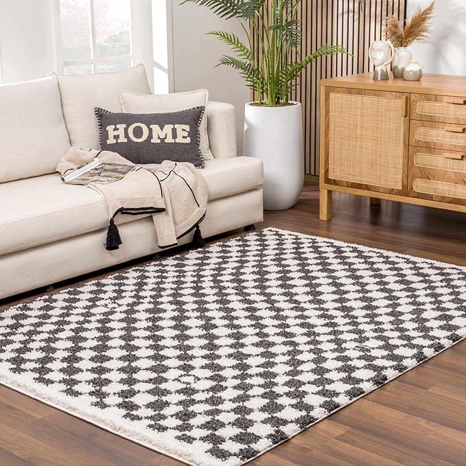 Hauteloom Kieu Contemporary Checkered Fluffy Shag Runner Rug - Modern Geometric Soft Carpet Tiles for Hallway, Kids Room, Nursery - Black, White - 2'7" x 7'3"