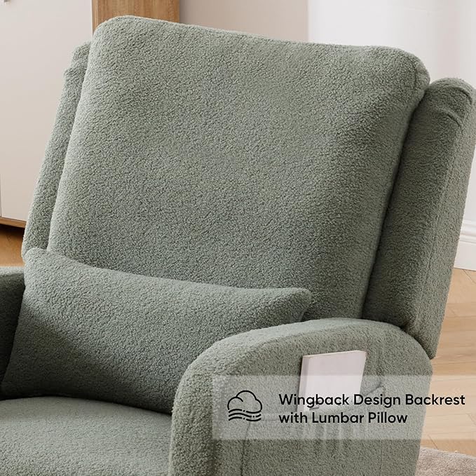 Rocking Chair Nursery, Sherpa Nursing Rocking Chairs, Upholstered Nursery Glider Rocker for Mom Nursery Morden Accent Rocking Chair with Lumbar Pillow for Living Room,Bedroom,Teddy Green