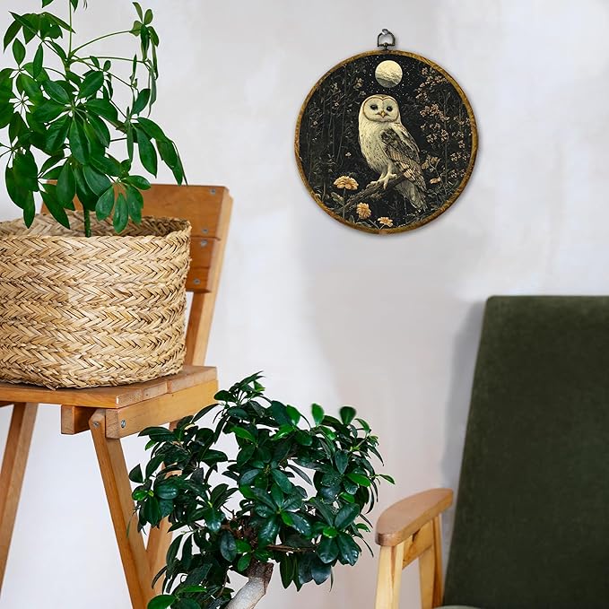 Hiuwevt Witchy Moonlight Owl Round Wall Art Decor, Vintage Dark Floral Framed Canvas Prints, Whimsical Gothic Owl Round Wall Hanging Decor for Office Home Decorations, 10x10 Inches