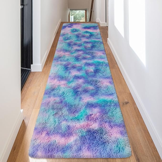 Shaggy Tie Dyed Light Blue Purple Runner Rug 2x8 ft Bedside Area Rugs for Living Room, Anti-Skid Extra Comfy Fluffy Floor Carpet for Indoor Hallway Home Decorative