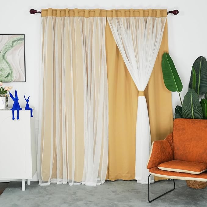 INLINAS 52 x 84 Inches Gold Blackout Curtains with Sheer Overlay - Back Tab and Rod Pocket Thermal and Noise Reduction Panels for Bedroom and Living Room Light Blocking and Energy Saving, Set of 2