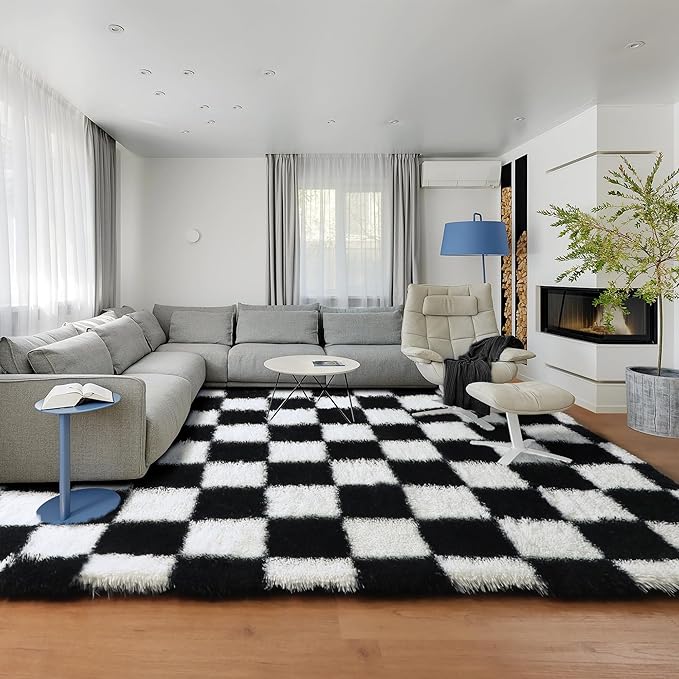 KICMOR Rugs for Living Room 7x10 Area Rug, Black and White Large Fluffy Shag Shaggy Fuzzy Checkered Bedroom Carpet, Indoor Soft Plush Big Rug for Kids Boys Girls Dorm Nursery Home Decor Aesthetic