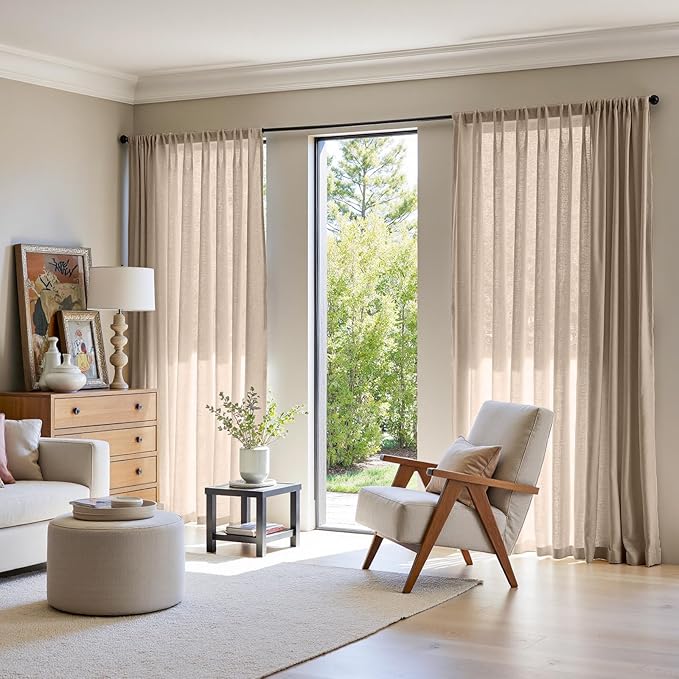 jinchan Taupe Linen Blend Curtain 96 inch Length 1 Panel for Sliding Door, Light Filtering 100 inch Extra Wide Farmhouse Drape with Rod Pocket Back Tab(100W x 96L, Taupe)