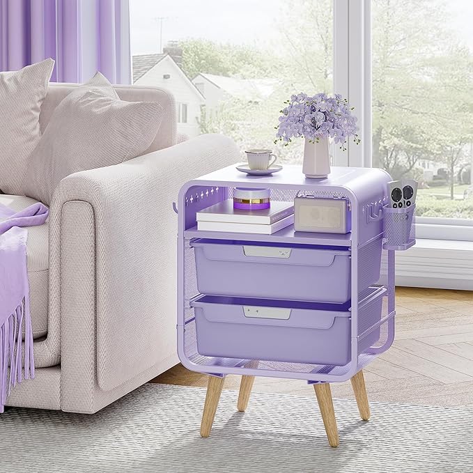 Kids Nightstand,Girls Bedside Table,Night Side Table,Kids Night Stand,End Tables Bedroom,Purple Cute Nightstand with Storage Drawer for Girls