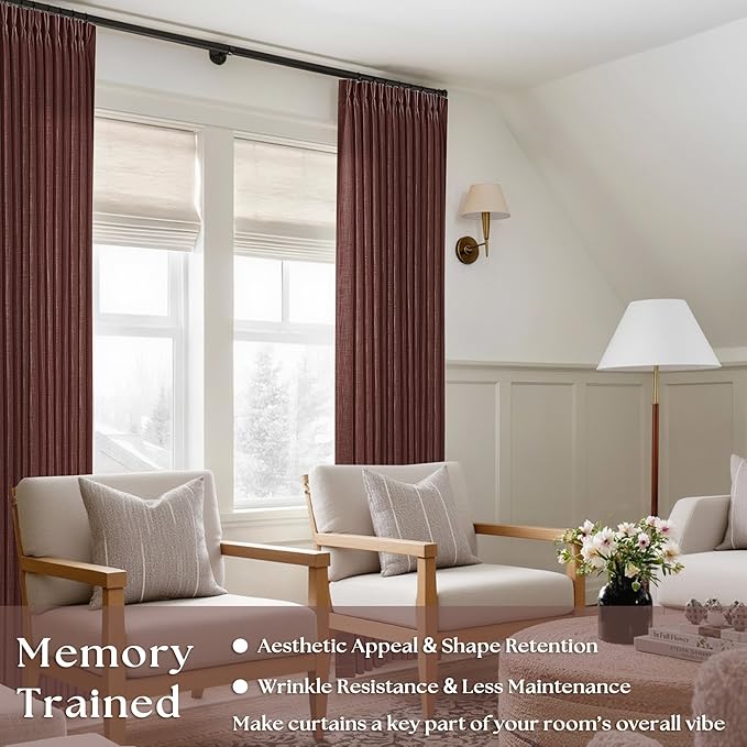 Chestnut Brown Linen Pinch Pleated Curtains 120 Inches Long for Living Room Pleated Drapes Back Tab Thick Linen Dark Terracotta Rust Farmhouse Country Extra Long 120 Inch Curtain for Dining Bedroom