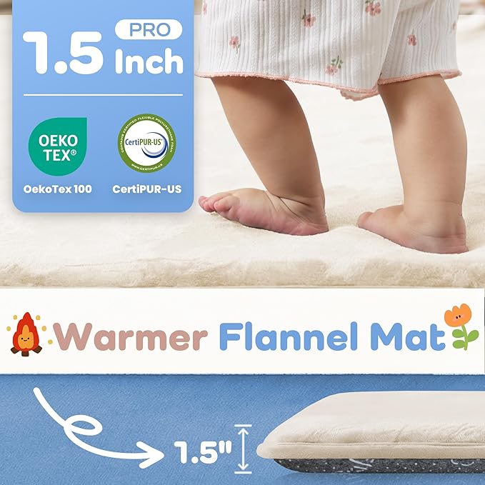 1.5" Thick Baby Play Mat for Floor, 50x50 Playpen Mat, Pro Soft Flannel Foam Mats Toddler Infant Kids Crawling for Nursery Rug Playroom Living Room Waterproof Easy Care Non-Slip (Beige)