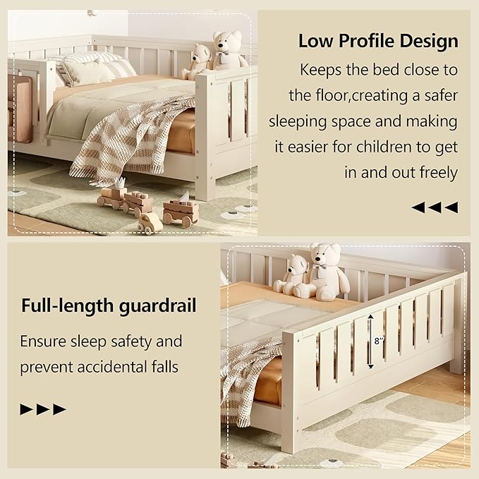 Bellemave Full Size Floor Bed with Slats and Safety Guardrail, Full Size Montessori Floor Bed with Fence and Built-in Bookshelf, Easy Assemble Montessori Beds for Kids, Girls, Boys, Beige
