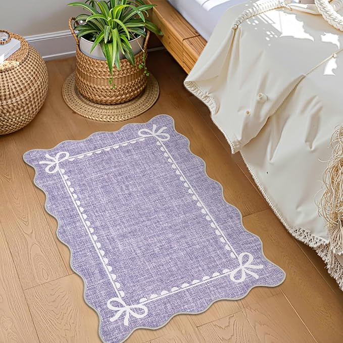 GarveeHome Scalloped Bow Rug for Kitchen Floor, Solid Purple Rug for Dorm, Washable Entryway Rugs 2x3 Soft Low Pile Non Slip Scalloped Rugs for Nursery Bedroom Decor Hallway