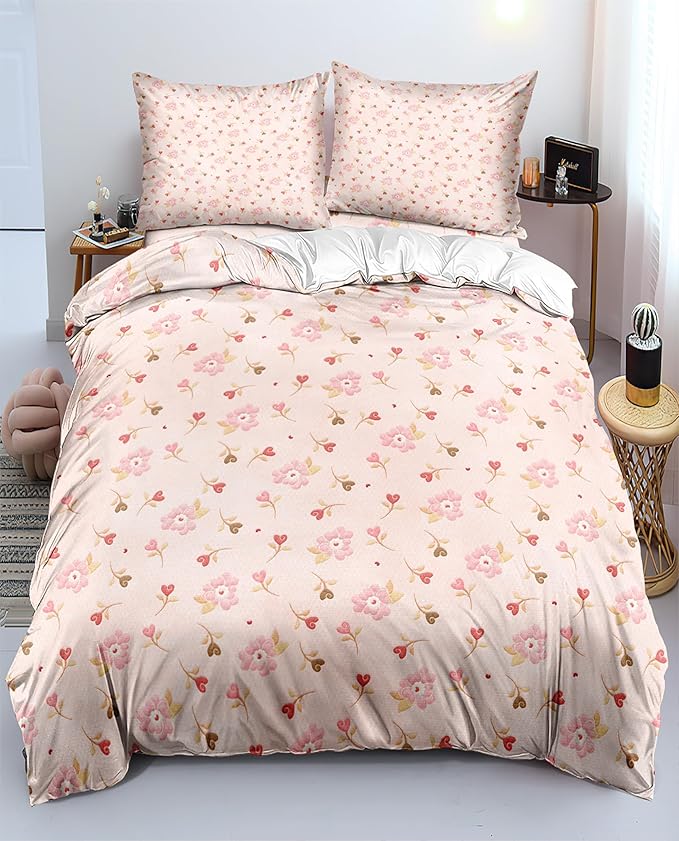 Pink and White Duvet Cover Queen Size - 3 Pcs Floral Flower Leaf Pattern Printed Reversible Microfiber Comforter Cover Bedding Set - 90X90 Soft Aesthetic Cottage Preppy Bedroom Decor for Women Girls