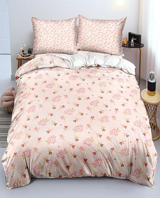 Pink and White Duvet Cover Full Size - 3 Pcs Floral Flower Leaf Pattern Printed Reversible Microfiber Comforter Cover Bedding Set - 80X90 Soft Aesthetic Cottage Preppy Bedroom Decor for Women Girls