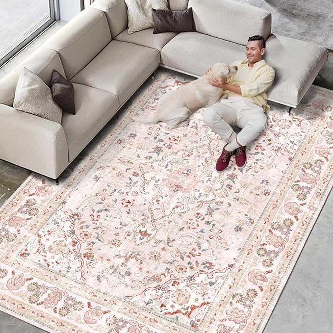 Vhong Pink Area Rugs Boho Washable Vintage Modern Neutral Large Carpet 8×10 Rugs for Dinning Room Living Room Bedroom Girls' Room Nursery Room Non Slip