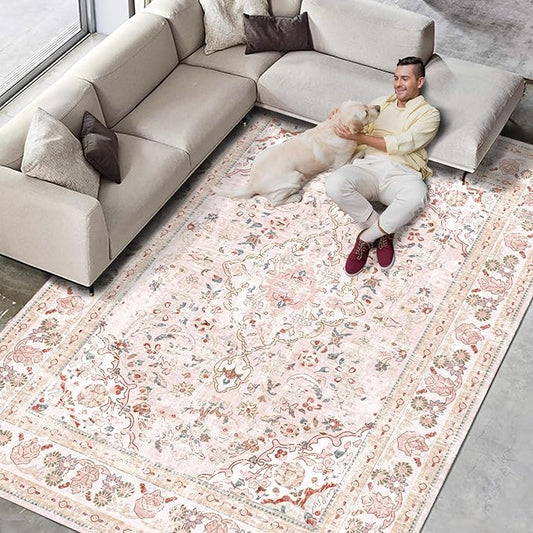 Vhong Pink Area Rugs Boho Washable Vintage Modern Neutral Large Carpet 8×10 Rugs for Dinning Room Living Room Bedroom Girls' Room Nursery Room Non Slip