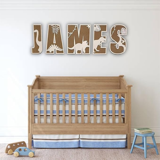 Personalized Wooden Name Sign - Custom Baby Name Signs for Nursery & Kids Room, Baby Announcement Sign, Wall Name Signs Personalized, Round Wooden Letters for Nursery Decor (Dinosaur 3D)