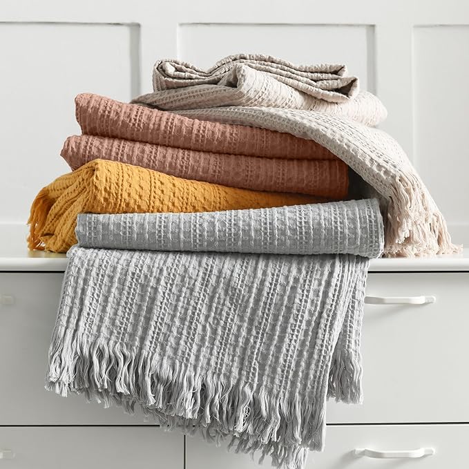 100% Cotton Waffle Blanket with Fringe, Pre-Washed Waffle Weave Blanket for All Season, Lightweight Breathable Soft Cozy Throw Blanket for Couch, Bed, Travel (Dusty Pink - 50x60 Inches)