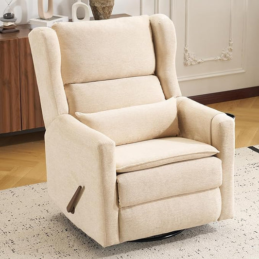 Swivel Rocker Recliner Chair,Comfy Glider Rocker Recliner with Adjustable Headrest,Rocking Chair Nursery for Living Room & Bedroom,Chenille,Beige