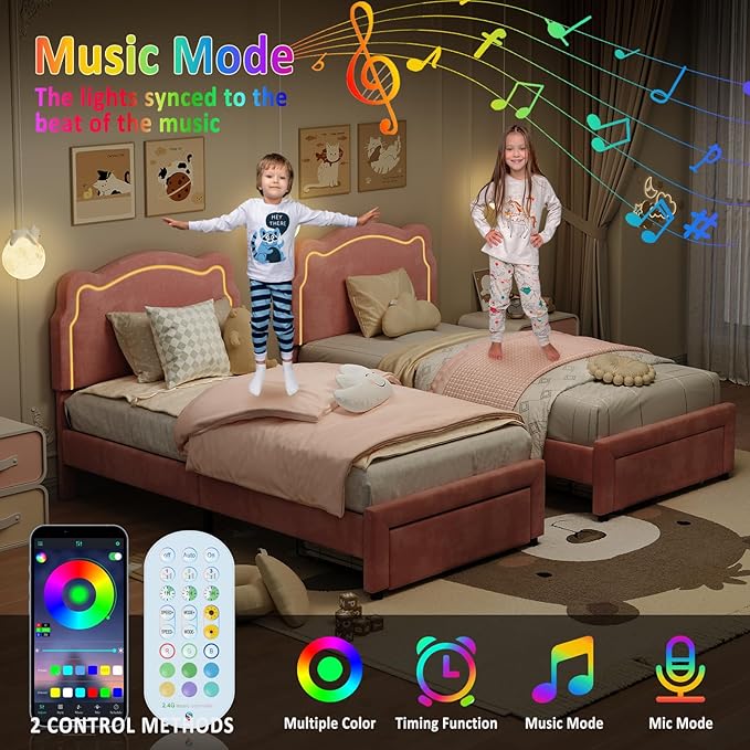 GarveeHome Twin Upholstered LED Bed Frame with Headboard, Velvet Princess Platform Bed Frame for Kids, Wooden Slats Support, No Box Spring Needed (Pink with Drawer, Twin)
