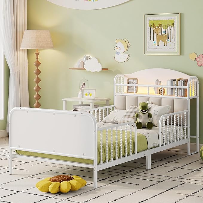 Ball & Cast Twin Size Toddler Bed W/LED Light,Metal Bed W/Linen Fabric Upholstered Storage Headboard,Platform Bed Frame W/Safety Guardrails & Low Profile Design,for Boys Girls,White