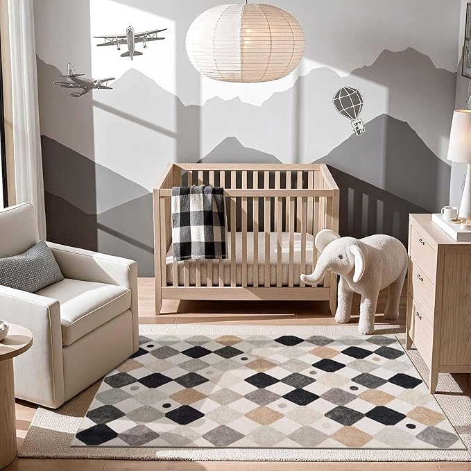jinchan Macy Area Rug 4x6 Kids Washable Indoor Non-Slip Black and White Modern Soft Rug Elementary School Classroom Diamond Carpet for Nursery Playroom Daycare Bedroom Living Room Marble on Cream