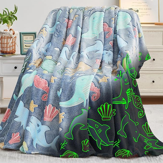 Inhand Shark Glow in the Dark Blanket Ocean Gifts for Boys Kids Throw Blanket Crab Turtle Coral Whale Dolphin Jellyfish Seahorse Toys for Kids Boys Birthday Christmas Cute Soft Room Decor Blue 50"X60"