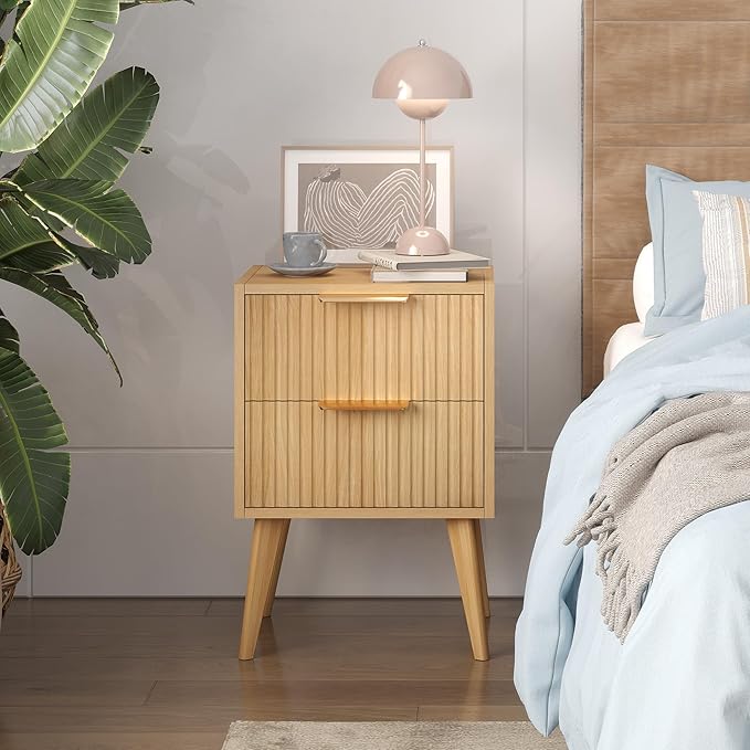 Nightstand with 2 Drawers,Fluted Bedside Table,Natural Wood Night Stand,Light Wood Side Table with Solid Wood Legs,End Table for Living Room,Bedroom,Small Space Natural CTG55Y
