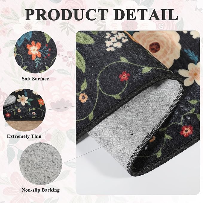 DUKINO 5x7 Area Rug, Floral Design, Lightweight Non Slip Washable, Indoor Low Pile & Non-Shedding Boho Rug for Bedroom, Living Room, Dining Room, Black
