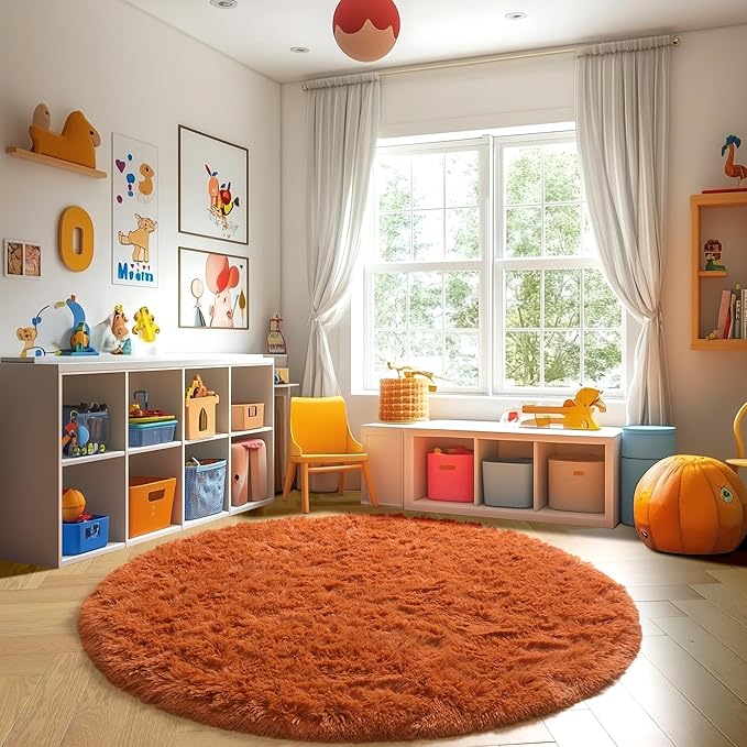 Amdrebio Burnt Orange Round Circle Rug 6Ft for Bedroom Living Room, Fluffy Shaggy Furry Fuzzy Area Rugs for Kids Room Decor Aesthetic, Large Plush Shag Dark Orange Carpet for Nursery Dorm Classroom