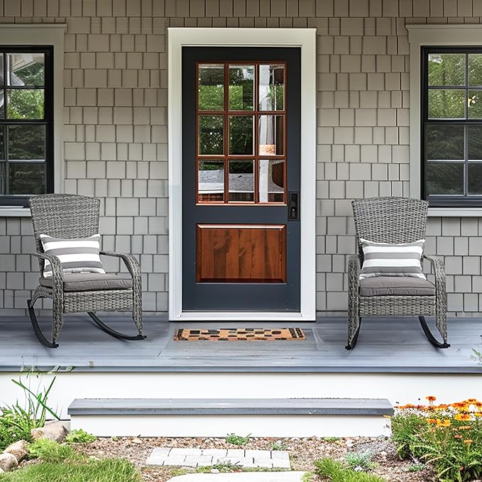 Outdoor Rocking Chair Set of 2- Outdoor Rattan Rocker Chair with Heavy-Duty Steel Frame- All Weather Rocker Chair for Garden, Porch, Poolside, Backyard (Grey, 320lbs)