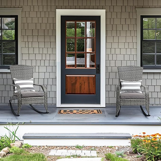 Outdoor Rocking Chair Set of 2- Outdoor Rattan Rocker Chair with Heavy-Duty Steel Frame- All Weather Rocker Chair for Garden, Porch, Poolside, Backyard (Grey, 320lbs)